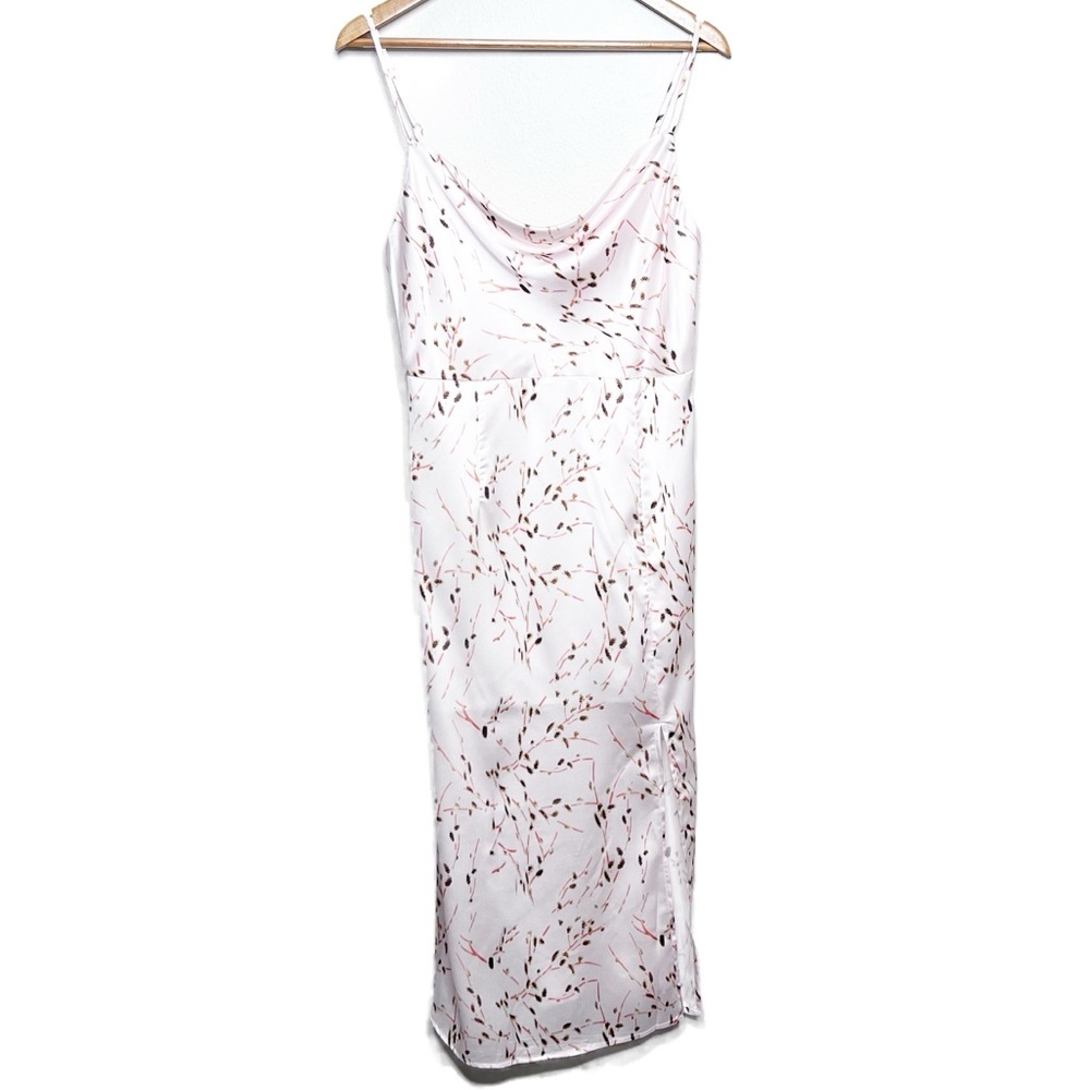 NWT Tsher Satin Midi Dress Floral Print Pink Spaghetti Straps Cowl‎ Neck Slit